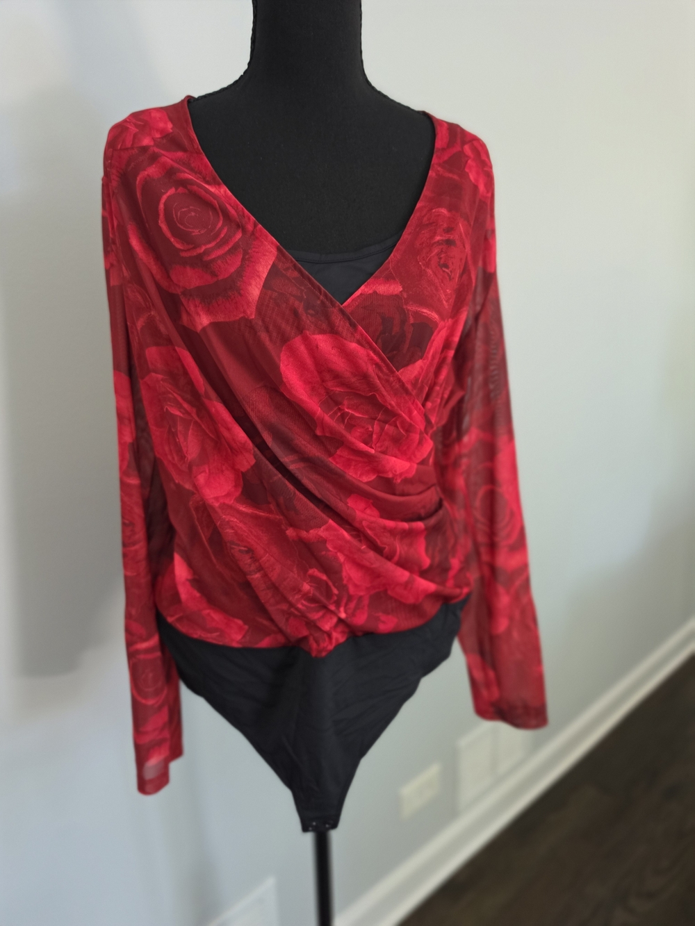 Tahari Red Floral Wrap-Style Long Sleeve Bodysuit
